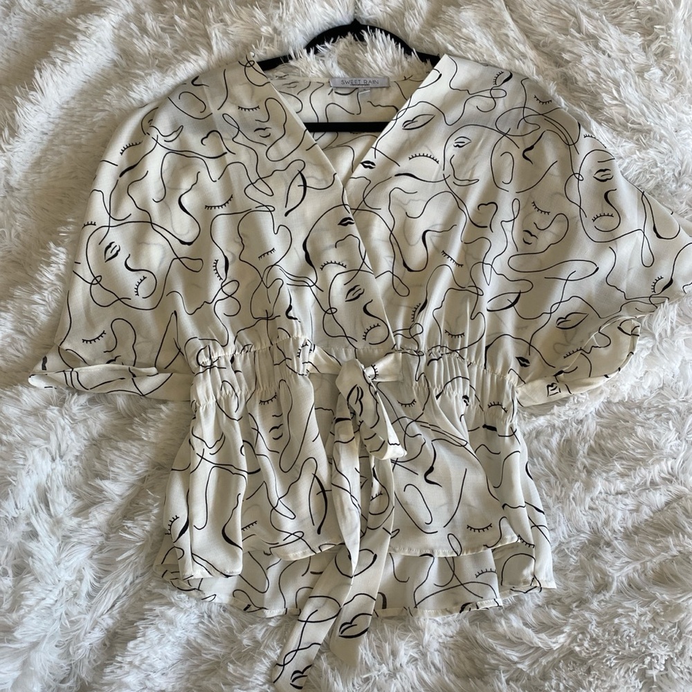 Sweet Rain Cream Wrap Tie Front 3/4 Sleeve Blouse